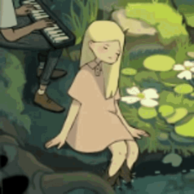 a girl in a pink dress is sitting next to a pond while a man plays a keyboard .