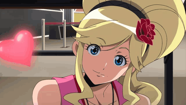 a blonde anime girl with blue eyes and a rose in her hair