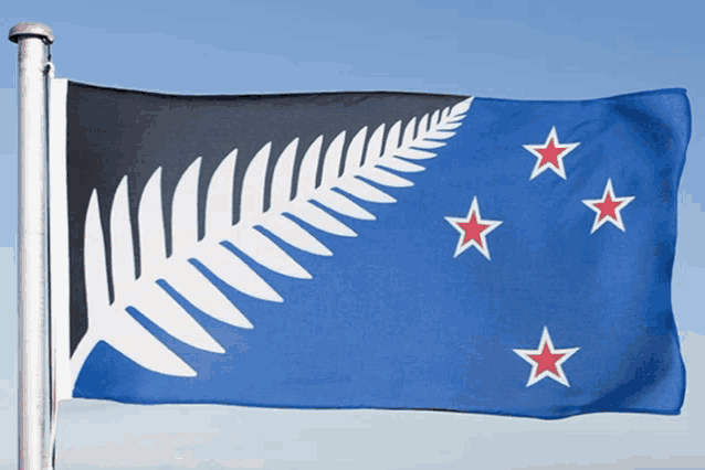 a blue flag with a black fern and three red stars on it