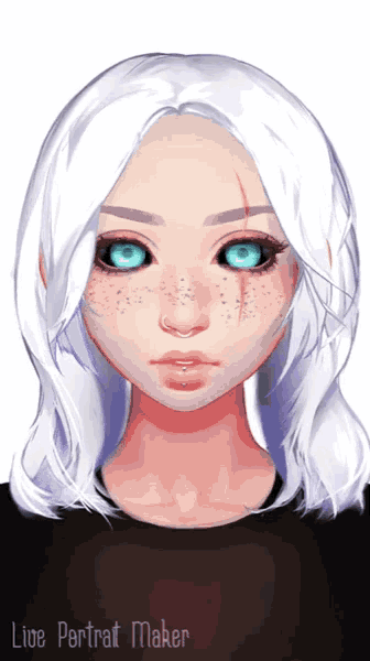 a drawing of a girl with white hair and blue eyes has the words live portrait maker below it