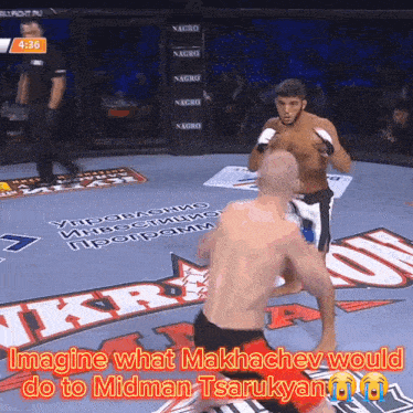 a man in a boxing ring with the words imagine what makhachev would do to midman tsarukyan