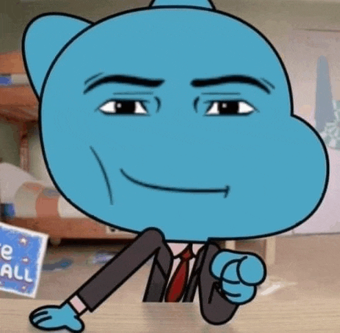 gumball from the amazing world of gumball is wearing a suit and tie and pointing at the camera .