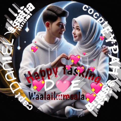 a couple making a heart with their hands and the words happy tasking doe