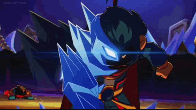 a cartoon character is holding a sword and a shield in his hand .