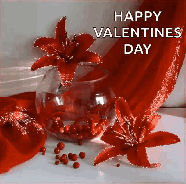 a happy valentine 's day greeting card with red flowers