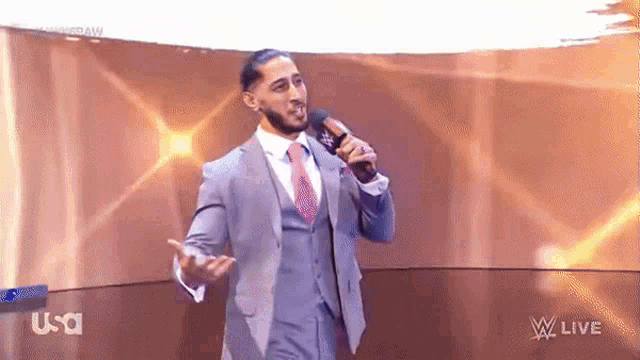 a man in a suit and tie is standing in front of a microphone on a stage .