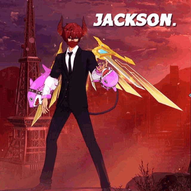 a video game character named jackson is standing in front of a building