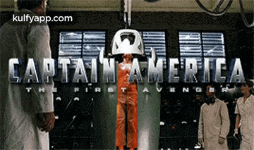 a group of people standing in front of a captain america sign