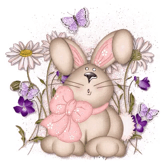 a bunny with a pink bow is surrounded by flowers