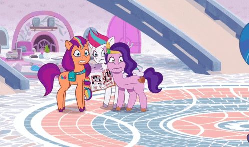 a cartoon of three ponies standing next to each other with one reading a magazine