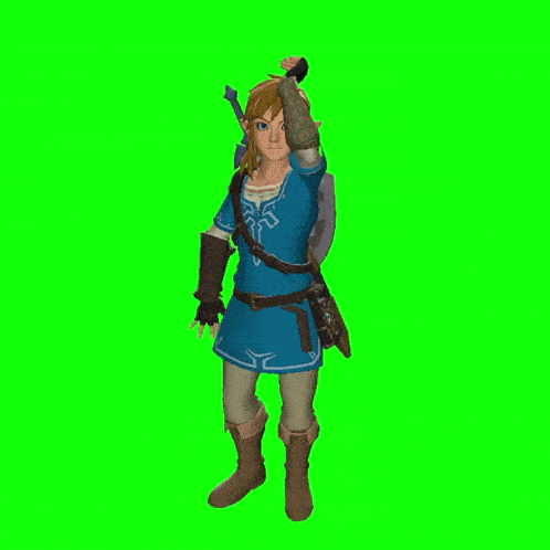 a video game character with a backpack and a sword on a green screen with the words the fog is here