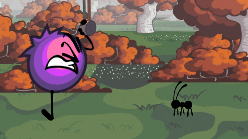 a cartoon drawing of a purple ball shooting a laser at a spider