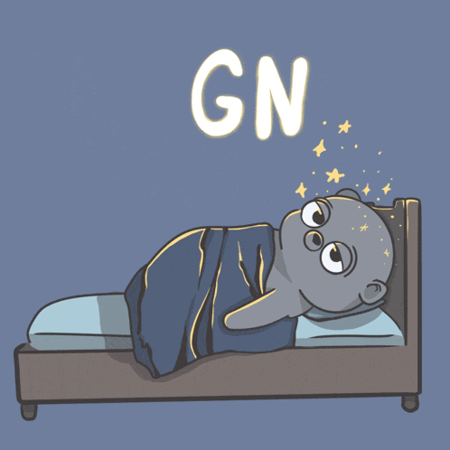 a cartoon drawing of a person sleeping with the word gn above them