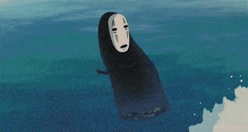 a cartoon character without a face is floating in the air over the ocean .