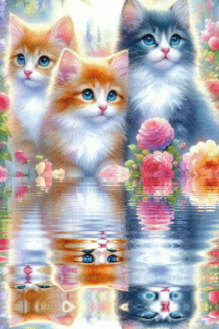 a painting of three kittens sitting in a pond with flowers