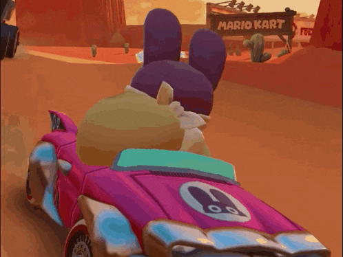 a cartoon character is driving a pink car with a rabbit on the front