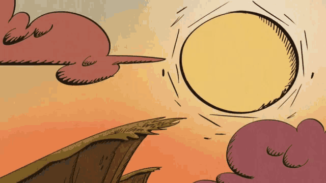 a cartoon drawing of a sun and clouds with a cliff in the foreground
