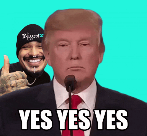 donald trump giving a thumbs up next to a man wearing a blizzard beanie