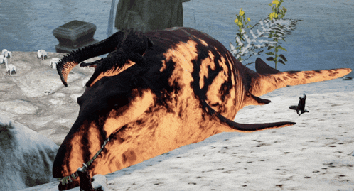 a whale laying on the ground with a statue in the background that says ' r.i.p. '