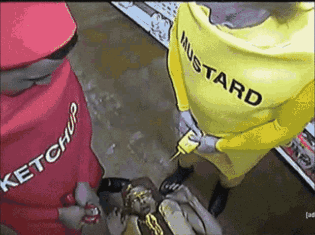 a man in a yellow mustard costume holds a mustard bottle