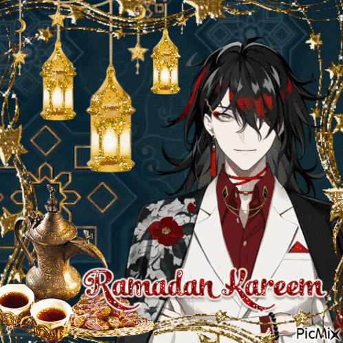 a greeting card for ramadan kareem with a man holding a plate of food
