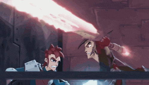 a couple of cartoon characters standing next to each other with a red light coming out of their mouths
