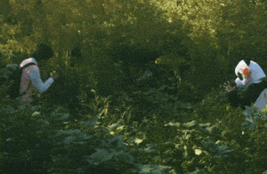 a person wearing a mask with a flower on it is standing in a field