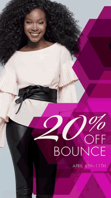an advertisement for a 20 % off bounce event