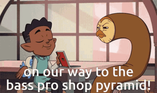 a cartoon of a boy and an owl with the words on our way to the bass pro shop pyramid