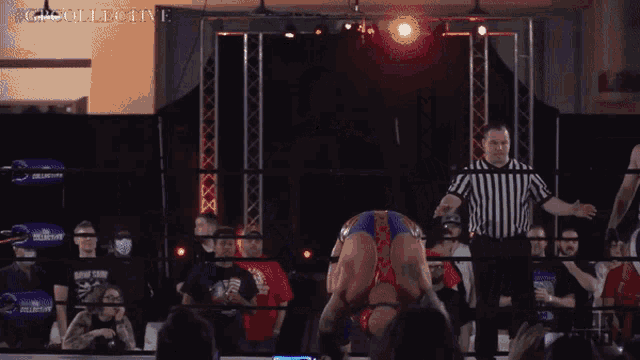 a man in a wrestling ring with the word collective above him