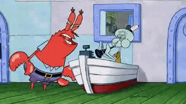 a cartoon of a crab and squidward from spongebob squarepants standing next to each other .