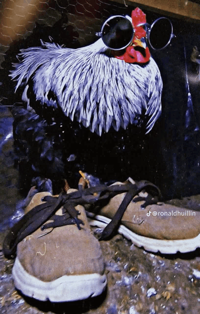 a picture of a rooster wearing sunglasses and a pair of brown shoes