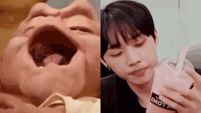 a close up of a baby 's mouth next to a close up of a man holding a drink .