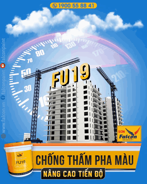 an advertisement for falcon paint shows a building under construction and a speedometer