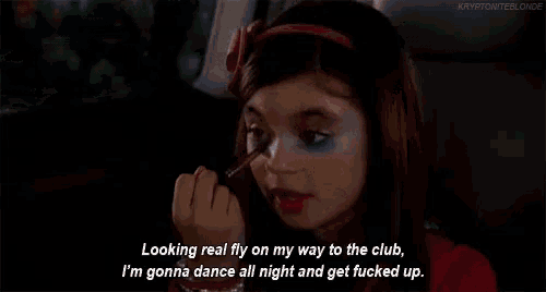 a little girl with makeup on her face says " looking real fly on my way to the club