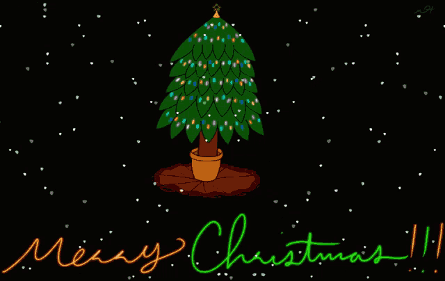 a merry christmas greeting card with a christmas tree in a pot