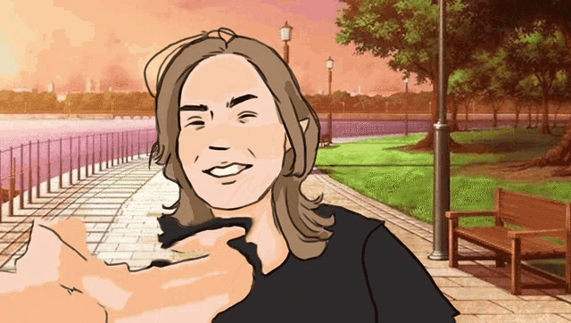 a cartoon drawing of a woman in a park with a bench in the background