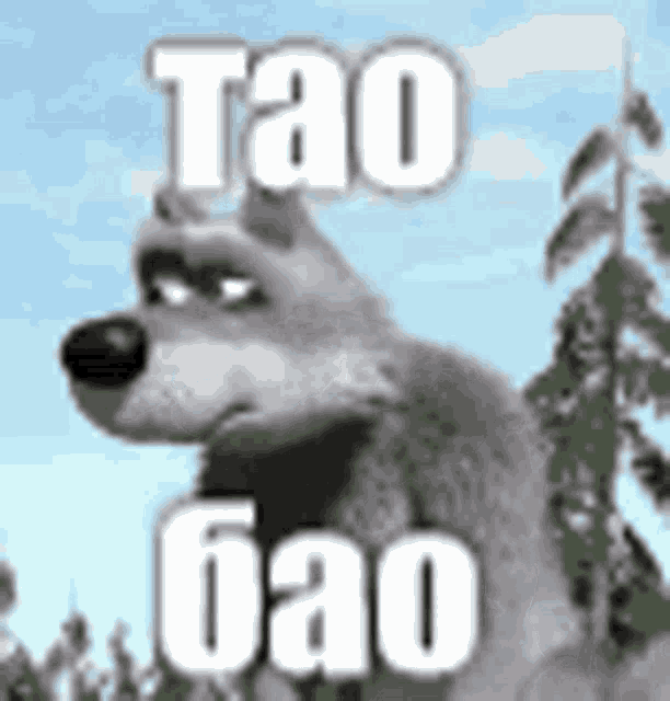 a cartoon wolf is standing in front of some trees and says tao bao .