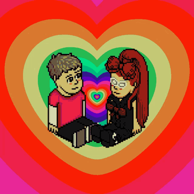 a pixel art drawing of a boy and a girl in a heart