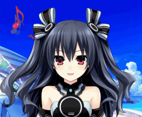 a girl with black hair and red eyes is wearing a black and white top