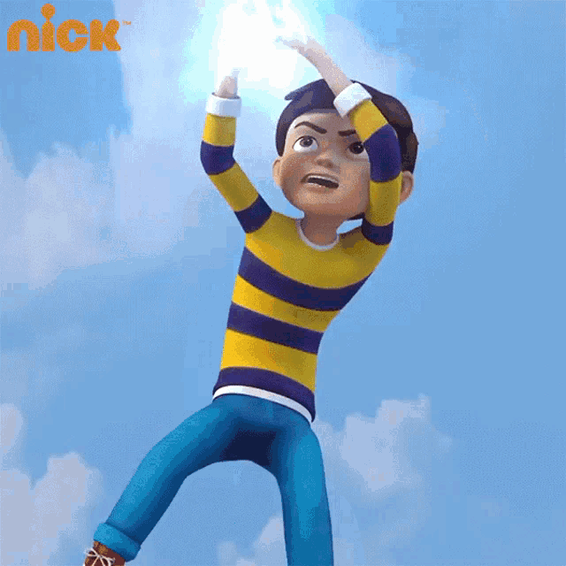 a boy in a yellow and purple striped shirt is jumping in the air with a nick logo behind him