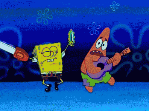 a cartoon of spongebob and patrick playing guitar and tambourine