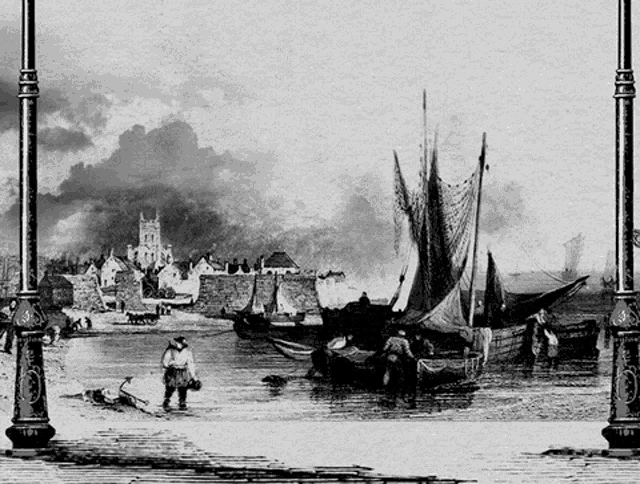 a black and white drawing of a harbor with boats