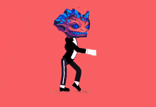 a cartoon drawing of a man in a tuxedo with a monster head on his head
