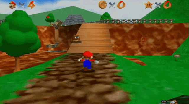 a screenshot of a video game where mario is walking across a bridge