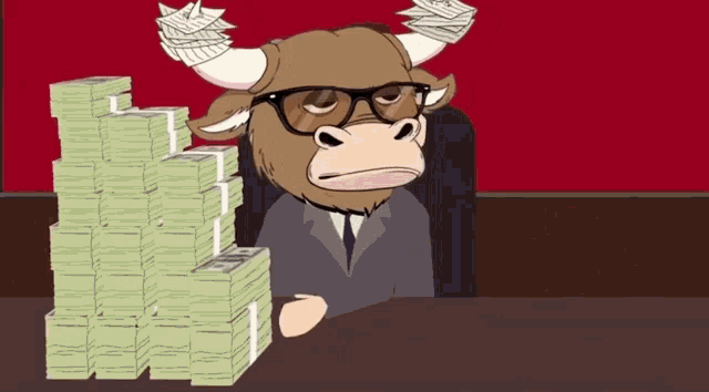 a cartoon bull wearing glasses sits at a table with stacks of money in front of him