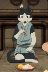 a cartoon husky is sitting on the floor eating food