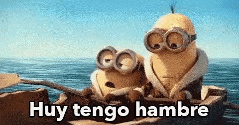 two minions wearing goggles are in a raft in the ocean and they say " muy tengo hambre "
