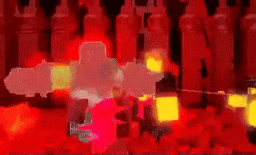 a cartoon character is standing in front of a row of ketchup bottles in a dark room .
