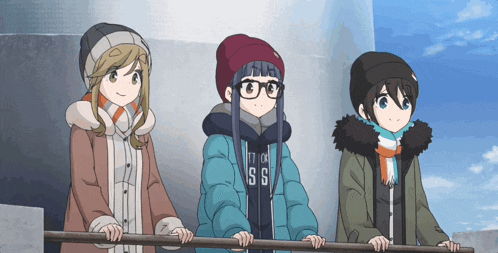 three anime girls standing next to each other with one wearing a sweatshirt that says ss on it